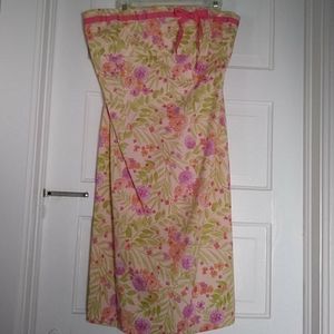 Orange Tropical Floral Palm Print Strapless Dress